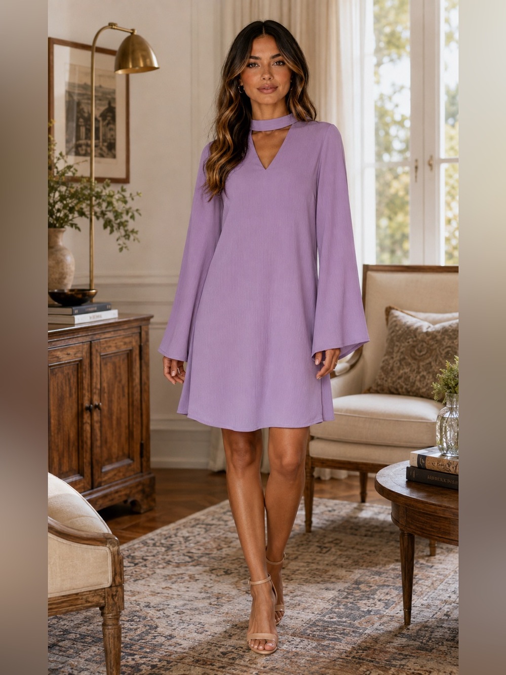 LUSH Pleated Halter Collar Shift Dress Flowy V-Neck Bell Sleeve Mini - Small